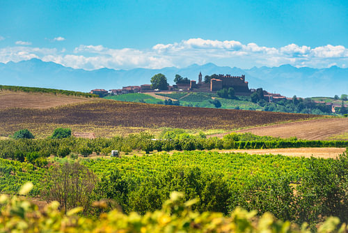 Het dorp Montemagno, de wijngaarden van Monferrato en de Alpen, Italië