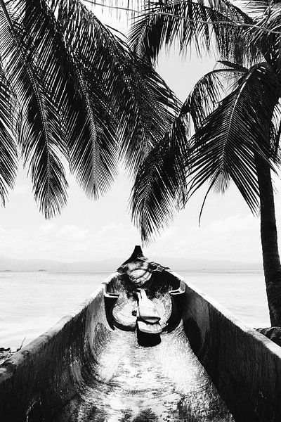 Black and white boat at sea by Walljar