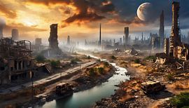 Post-apocalyptisch landschap met een verwoeste stad