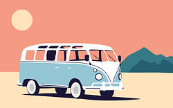 Blauw volkswagen busje met landschap