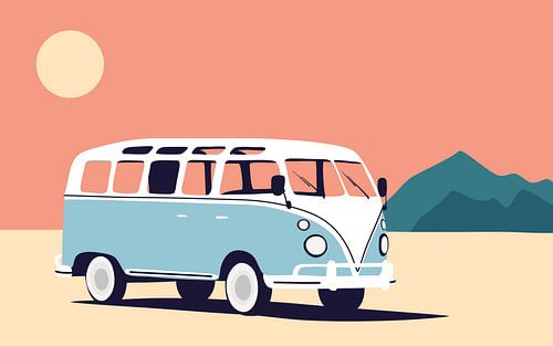 Fourgon Volkswagen bleu avec paysage