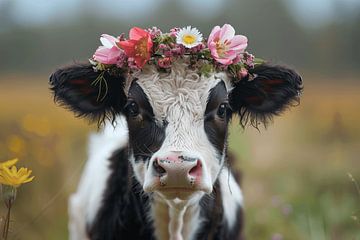 Bezauberndes Kälbchen mit Blumenkranz für Natur- und Tierliebhaber von Felix Brönnimann