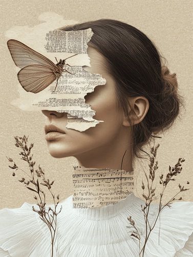 Vintage collage, portrait with butterfly by Carla Van Iersel