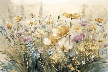 Painting of a field of flowers in vintage colours by Studio Pieternel