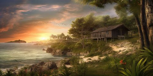 Aziatische schildering van een betoverende zonsondergang