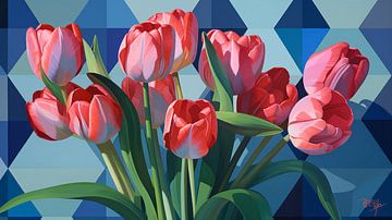 Illustration von Tulpen mit geometrischem Hintergrund II von René van den Berg