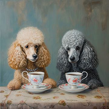 Tea party with two poodles by Vlindertuin Art