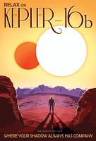 STK204706S-Kepler-16b draait rond een paar sterren op deze retro ruimteposter.