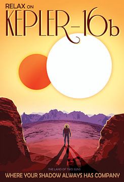 STK204706S-Kepler-16b draait rond een paar sterren op deze retro ruimteposter. van Stocktrek Images