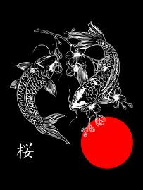 koi fish with cherry blossom in traditional japanese style by Marith Buma