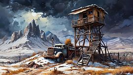 mysterieus torenachtig gebouw in het wilde westen, steampunk