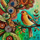 Yellow and brown small bird on a branch with flowers by Jan Keteleer (JanKé): A Journey Beyond the Canvas thumbnail