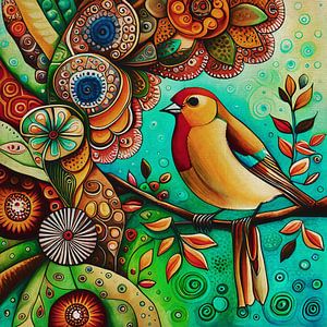 Gelber und brauner kleiner Vogel auf einem Zweig mit Blumen