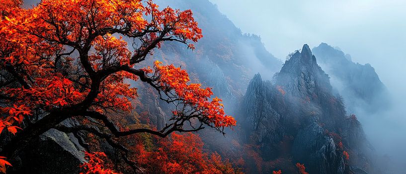Herbstliche Berglandschaft mit Nebel von Poster Art Shop
