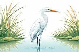 White Heron in the Reeds – Japanese Style Illustration of a Water Bird by DesignByDessie