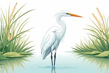 White Heron in the Reeds – Japanese-style illustration of a waterbird