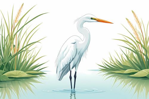 Héron Blanc dans les Roseaux – Illustration de Style Japonais d'un Oiseau d'Eau