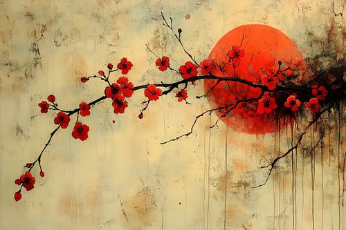japanse schilderkunst rijzende zon met bloesem