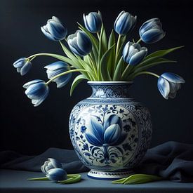 Delfter blaue Vase mit pastellblauen Tulpen - Holland von Lia Morcus