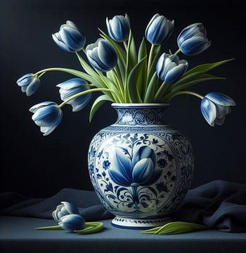Delfter blaue Vase mit pastellblauen Tulpen - Holland