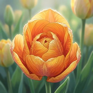 Fresh Orange Tulip with Sparkling Dew Drops by Clay Artista