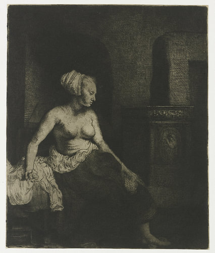 Vrouw met ontbloot bovenlichaam bij een kachel, Rembrandt van Rijn