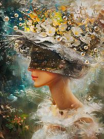 Portrait de femme | Perles et fleurs flottantes sur Peinture Abstraite