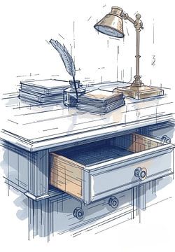 Das Vermächtnis des Schriftstellers'. Antiker Schreibtisch und Feder