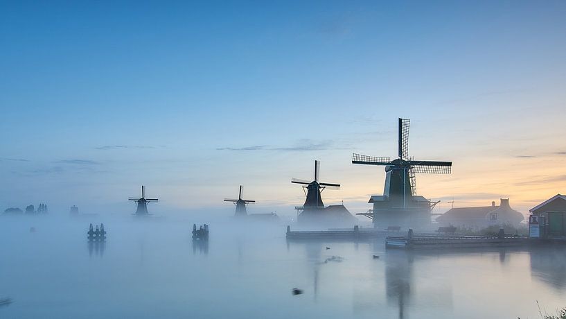 Zaanse Schans at Sunrise – Dutch Windmills in Morning Mist by Ad Jekel
