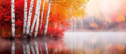 Herfstboomreflectie in het water