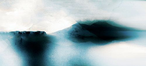 Japon Peinture de paysage de montagne en bleu gris doux