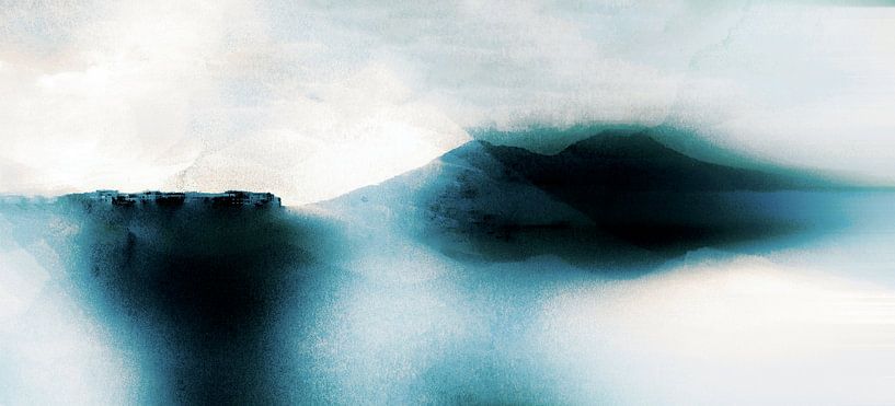 Japan Mountain Landscape Painting in Soft Blue Grey by Mad Dog Art
