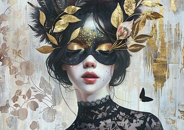 Maskervrouw | Whispers of a Golden Mask van Abstract Schilderij