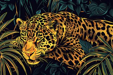 Gedetailleerde lijntekening van een jaguar in jungle van Art & Soul Creations