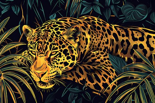 Detailed line drawing of a jaguar in jungle