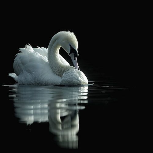Ein eleganter weißer Schwan gleitet anmutig über das dunkle Wasser