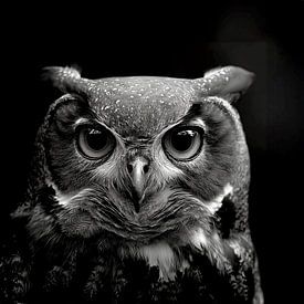 portrait en noir et blanc d'un hibou grand-duc robuste sur Margriet Hulsker