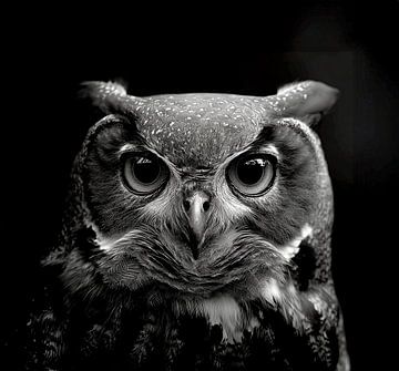 black and white portrait of a sturdy eagle owl by Margriet Hulsker