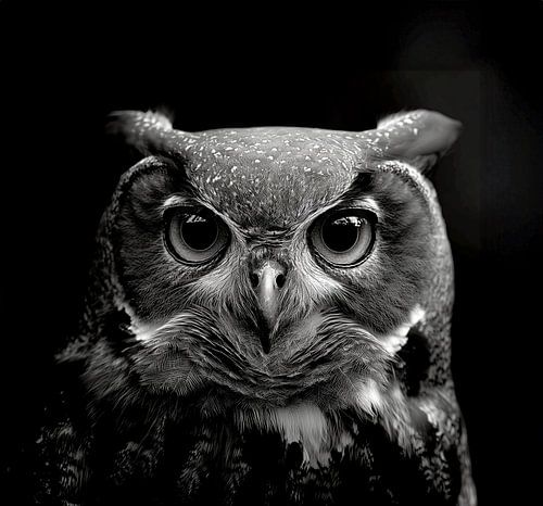 black and white portrait of a sturdy eagle owl