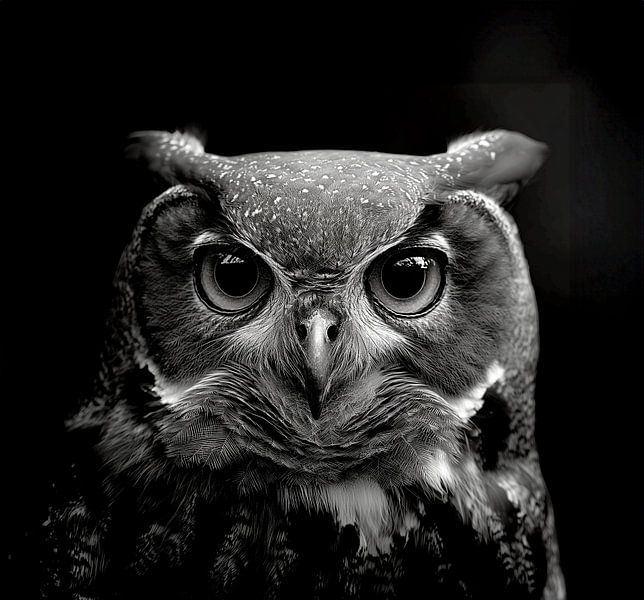portrait en noir et blanc d'un hibou grand-duc robuste par Margriet Hulsker