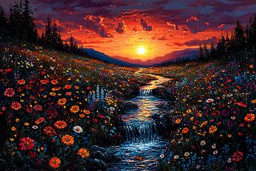 Bloemenveld onder de zonsondergang van Art & Soul Creations