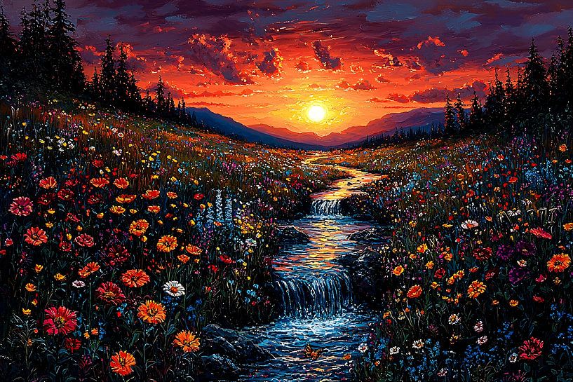 Champ de fleurs sous le coucher du soleil par Art & Soul Creations