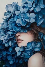 Femme dans une mer de fleurs - Bleu et délicat sur Poster Art Shop