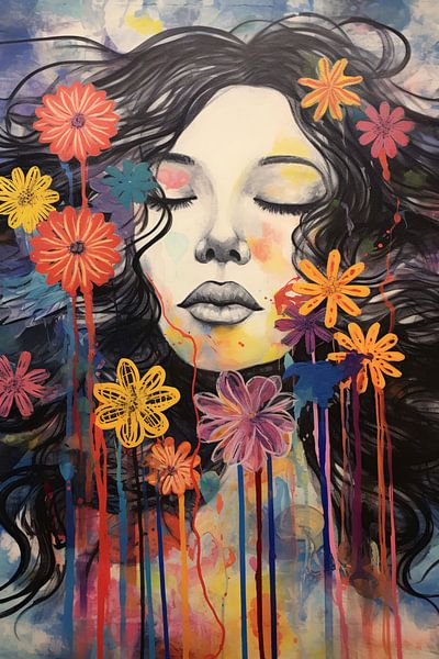 Slapende vrouw en kleurrijke bloemeneplosie van Art & Soul Creations