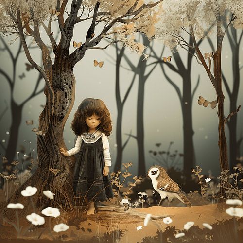 The girl and the owl in 3D effect