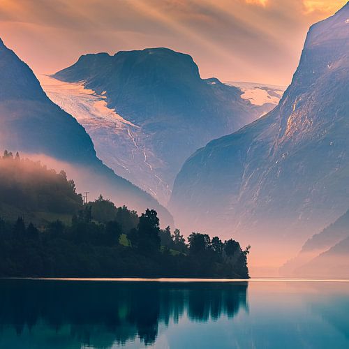 Zonsopkomst bij Lovatnet, Noorwegen van Henk Meijer Photography