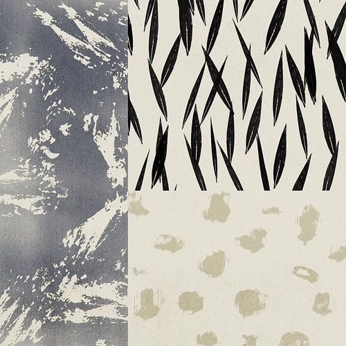 Abstraktes Kunstwerk mit verschiedenen Formen und Linien in Schwarz-, Beige- und Goldtönen