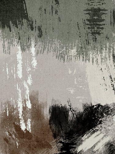 Abstraktes Kunstwerk mit weichen Pinselstrichen in Beige, Grün, Braun und Schwarz