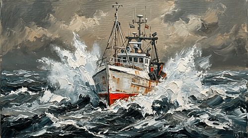 Un chalutier affrontant une mer agitée