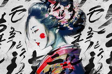 Japanse geisha gezien vanaf de zijkant (kunst) van Art by Jeronimo